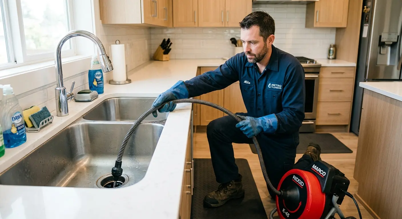 Drain cleaning technician using a motorized snake on a kitchen sink in Knik-Fairview