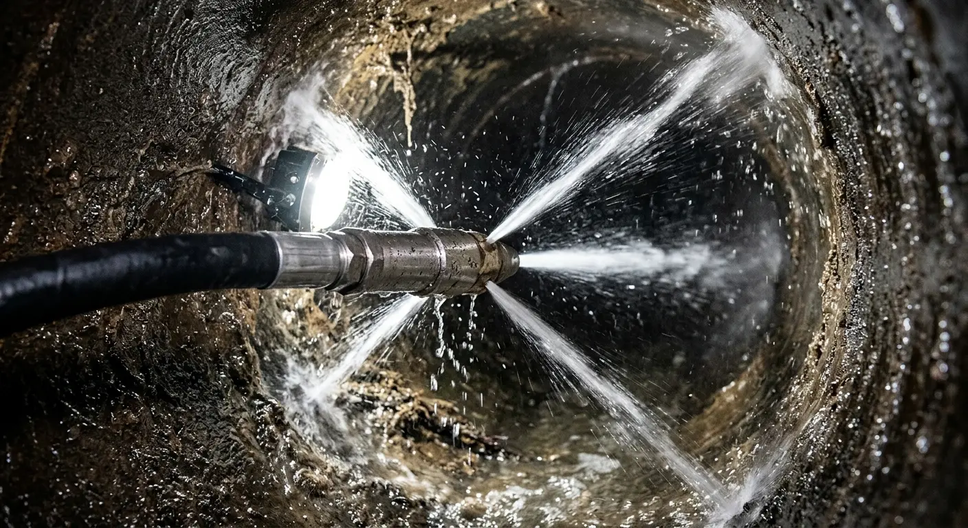 High-pressure hydro jetting nozzle cleaning sewer pipe for Sewer Cleanout in Knik-Fairview