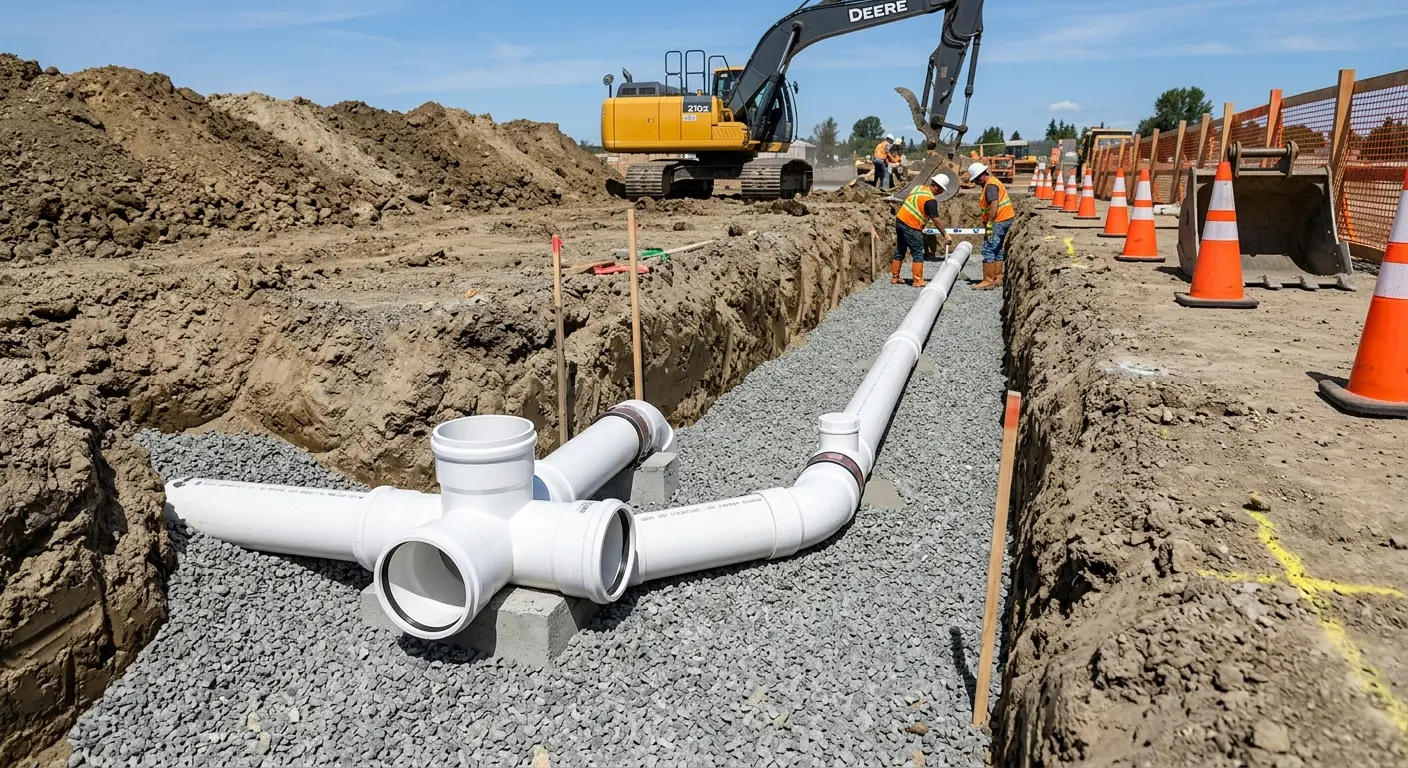 New PVC sewer pipe installation in open trench for Sewer Backup in Knik-Fairview