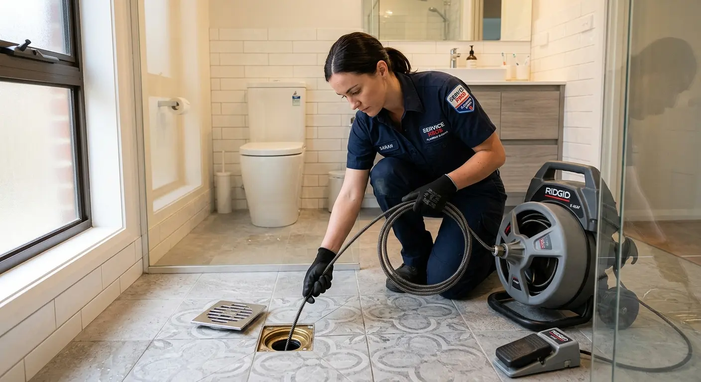 Technician clearing a bathroom floor drain for Sewer Line Replacement in Knik-Fairview